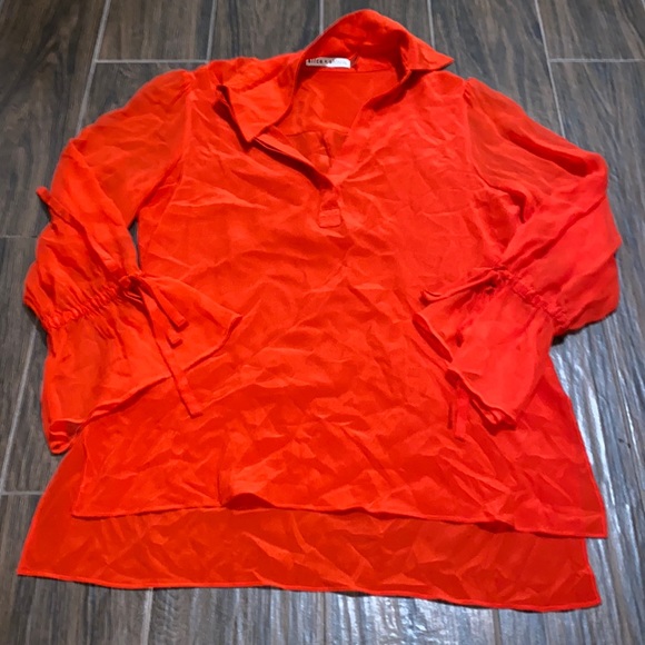 COPY - Alice and Olivia silk red semi sheer with bell sleeve high low blouse